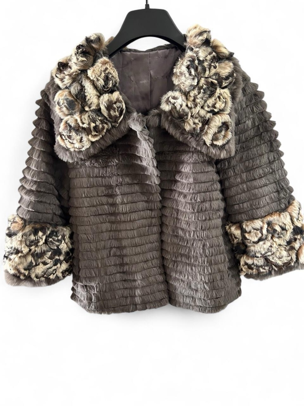 Genuine Rabbit Fur Rosette Coat Gray Brown Size Small